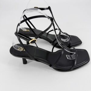 Strappy Black Square Toe Leather Ankle Buckle Sandals 90s y2k Size 40 Kitten